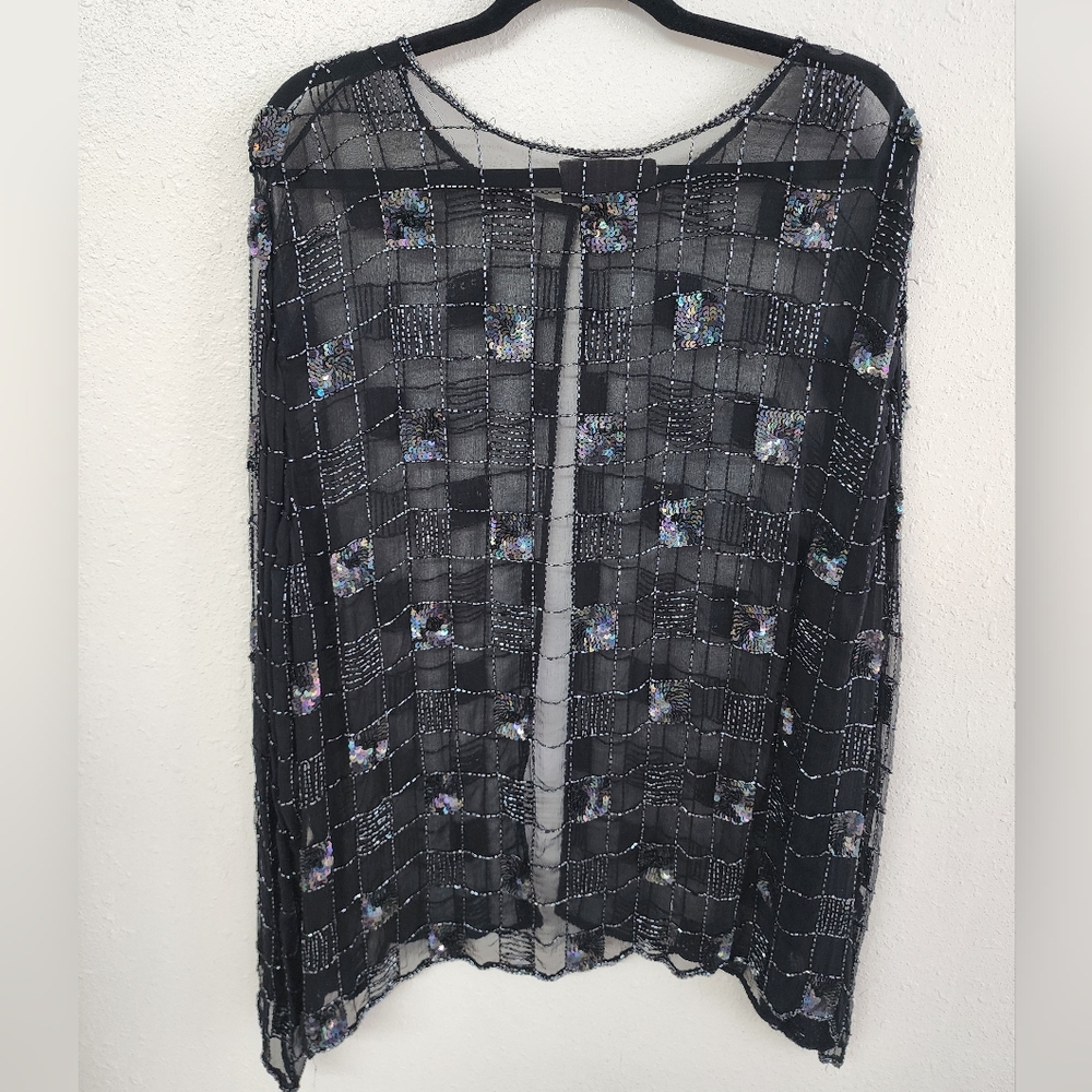 VTG NWT Chic Black Sheer Fully beaded checkered pattern Women's Blouse sz 2X - Picture 2 of 6